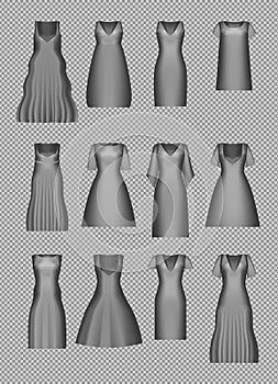 Women`s dress mockup set. Cocktail evening dress collection in retro style. Realistic 3d vector illustration. Gradient