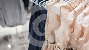 Women`s dresses on hangers in a clothing store