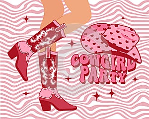 Women's elegant legs in cowboy boots. Pink Western Cowgirl style boots, cowboy hat and text on a retro background.