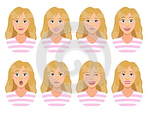 Women`s emotions. Female face expression. Cute cartoon girl.