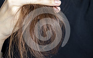 Women& x27;s ends of hair care problems. Healthy concept. Woman hand holding damaged long hair.
