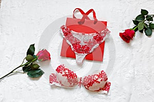 Women`s erotic underwear and red roses on white surface. Red sexy lacy lingerie on white background. Concept of love