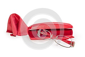 Women`s eyeglasses, red hard spectacle-case and glasses wipe