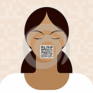 A women`s face with QR code pasted on it