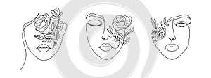 Women`s faces in one line art style with flowers and leaves.Continuous line art illustration