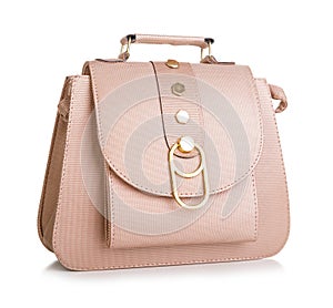 Women`s fashion accessories. Leather woman handbag on white background
