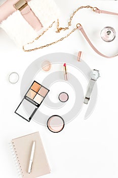 Women`s fashion accessories on white background. Flat lay