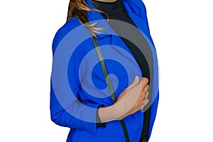 Women's fashion and clothing style blue jacket and black turtleneck with dark bag posing hand on white background isolated