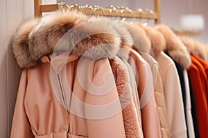 Women's fashion coats with fur at the store. Outer clothing for ladies on hangers at the shop. Generative AI