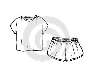 Drawing Pajamas.white shorts and t-shirt. Vector sleepwear isolated illustration. Women s fashion Sleepwear