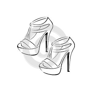 Women`s fashionable decorative high-heeled sandals. Open shoes. Sketch design is suitable for icons
