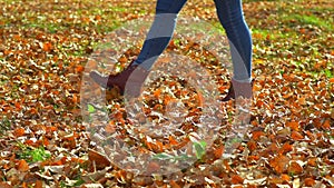 Women`s feet are on the autumn leaves in the Park.