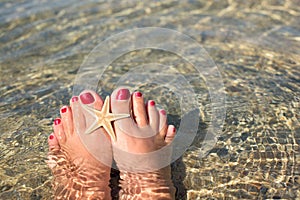 Women`s feet with a pedicure, which are immersed in the water on the beach. There is a starfish and a shell on the big toes