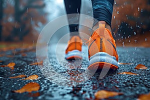 Women\'s feet in sneakers walking along the road in the park in the rain
