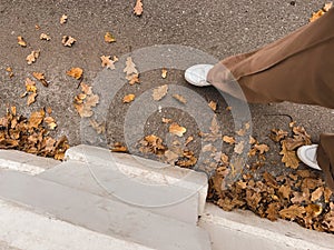 Women\'s feet walk along the asphalt sidewalk along a white concrete fence and rustle autumn yellow dry leaves.