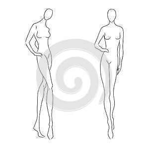 Women`s figure sketch. Different poses. Template for drawing for designers of clothes nd constructors. Vector outline girl model