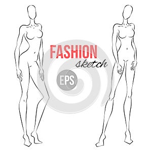 Women`s figure sketch. Different poses. Template for drawing for designers of clothes. Vector outline girl model template for fash photo