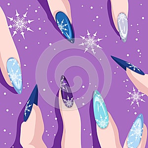 Women's fingers with winter manicure with snowflakes.
