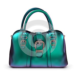 Women`s glossy lacquered bag turquoise iridescent color with buckles and short handles photo