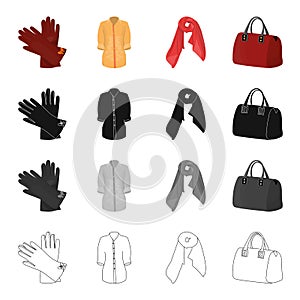 Women`s gloves, fur coat, scarf, kerchief, ladies` bag. Women`s clothing and accessories set collection icons in cartoon