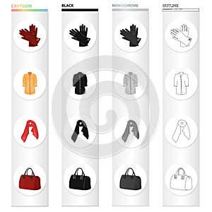 Women`s gloves, fur coat, scarf, kerchief, ladies` bag. Women`s clothing and accessories set collection icons in cartoon
