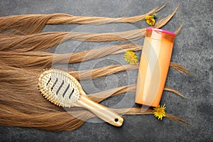Women`s hair, bamboo comb and shampoo