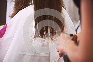 Women`s haircut in a Barber shop. Master universal cuts, evens the girl`s hair with a comb and scissors