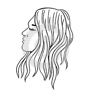 Women s hairstyle for long hair. Black outline on a white background. Vector graphics