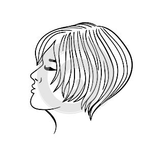 Women s hairstyle short hair. Black outline on a white background. Vector graphics