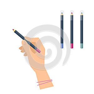 Women`s hand with cosmetic product: eyeliner, eyebrow, lip pen.