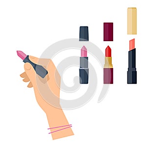 Women`s hand with cosmetic product: lipstick tube.