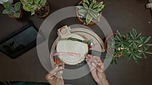 Women's hand preparing for a New Project with a Stand Hoop, Fabric, and Threads