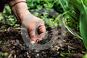 Women`s hand sadi in soil-soil flower bulbs. Close-up, Concept o