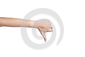 Women`s hand shows thumb down
