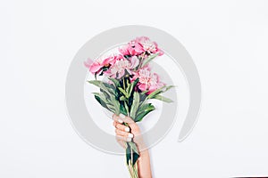 Women`s hand with trendy manicure holding bouquet of pink peonie