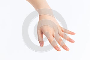 Women`s hand in the white background