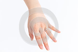 Women`s hand in the white background