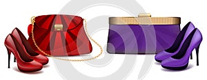 Women`s handbag and high heels fashion theater Red and purple handbag with shoes