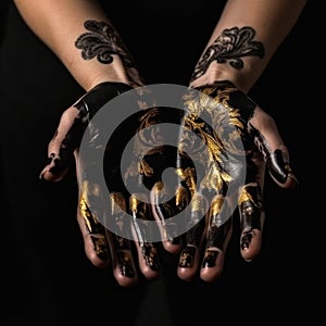 women's hands with a black and gold pattern applied to them.