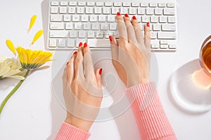 Women`s hands on a computer keyboard close up - typing