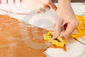 Women`s hands cut shape shapes for cookies, home cooking