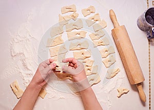 Women`s hands form a variety of shapes from the dough