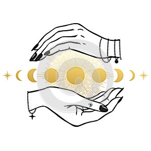 Women`s hands holding Moon.