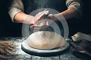 Women`s hands knead the dough, from which they will then make bread, or pizza