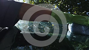 Women`s hands wash the windshield of a car with a soapy sponge in the yard of their house in summer