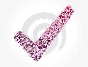 Women`s Health check mark word cloud collage, medical concept background