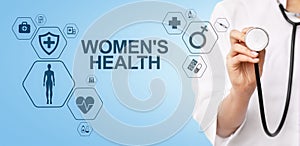 Women`s health. Medical Healthcare concept on virtual screen.