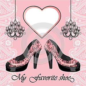 Women's high heel shoe, label , chandeliers