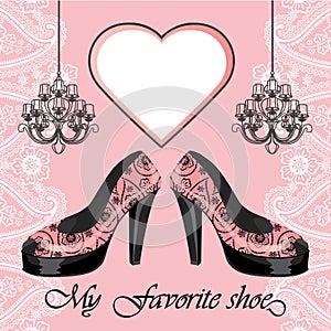 Women's high heel shoe, label , chandeliers photo