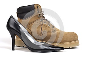 Women's High-Heel Shoe Beside Workboot